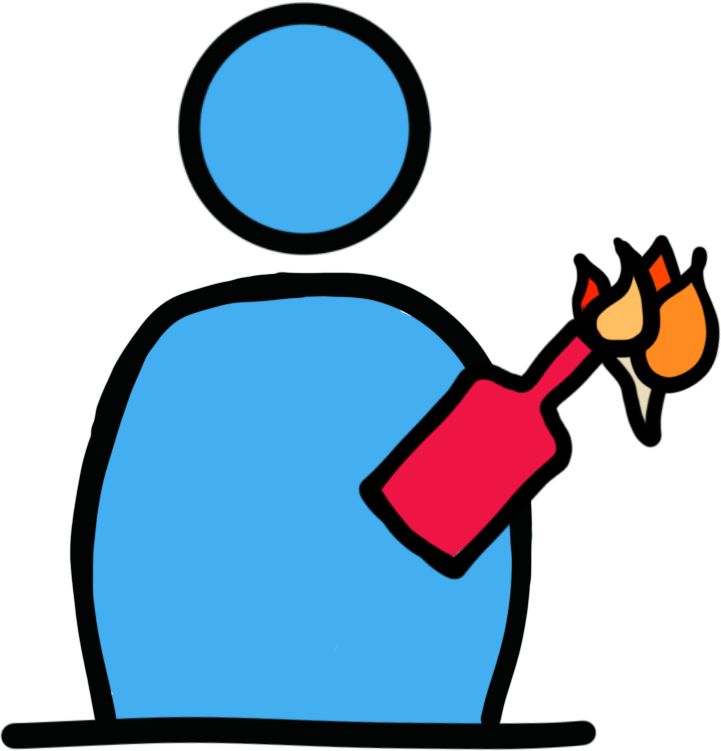 a blue figure holding a red molotov cocktail.